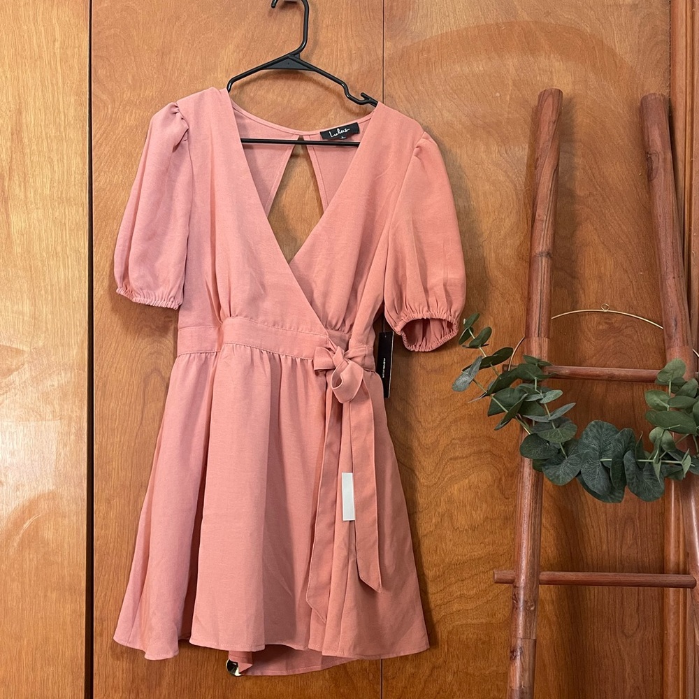 LuLus : My Favorite Person Rusty Rose Puff Sleeve Wrap Mini Dress size large
